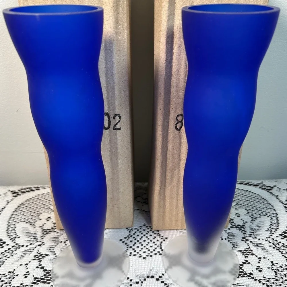 Cobalt Blue Frosted Glass Bud Vases PAIR Gorgeous Designs China Modern Decor